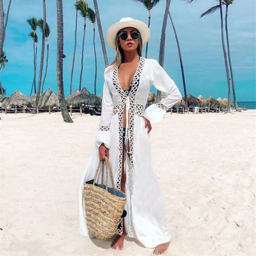 White Crochet Trim Kimono Maxi Coverup Beach Wrap - Picture 2 of 3